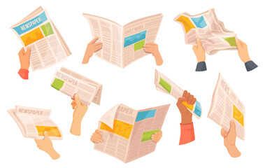 Newspapers in hands. Hand hold daily newspaper, read weekly journal paper media sport news morning press article publication page city information, cartoon neat vector illustration