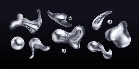 Chrome blob. Realistic silver 3d metal liquid drop, mercury blot organic fluid splash abstract y2k shape iron element melt tin molten aluminium texture, exact vector illustration