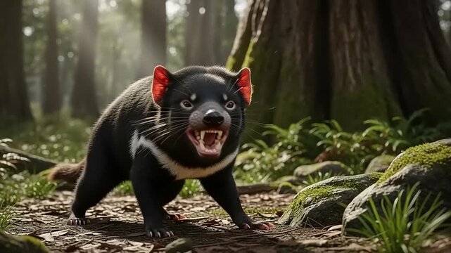 A fierce Tasmanian devil with bared teeth and red ears stands in a sun-dappled forest.
