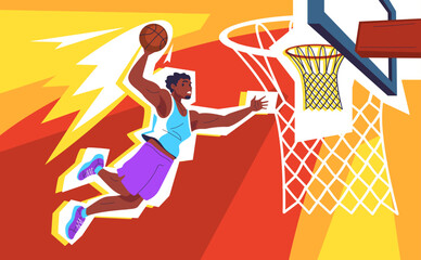 Slam dunk. Basketball player jump flying sky and throw ball in basket hoop, professional sport game concept man athlete cartoon character play basketball classy vector illustration