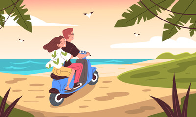 Couple moto trip. Man woman ride motorcycle, romantic travel to summer sea beach road seashore landscape love motorbike scooter riders together, cartoon classy vector illustration