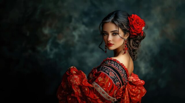 spanish woman in traditional red dress dancing flamenco on dark background, hispanic heritage, national dance, young beautiful latin american brunette girl, spain, culture, female portrait, dancer