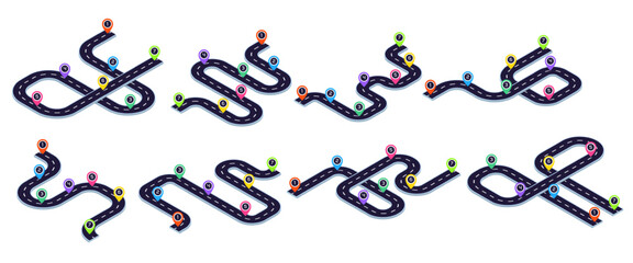 Isometric roadmap. Road route location timeline, winding curve journey path infographic car navigation map steps highway transport travel way, cartoon kicky vector illustration