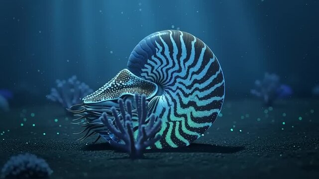 Nautilus shell with tentacles underwater, surrounded by coral and light rays.