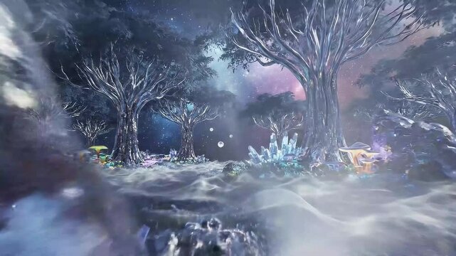 Futuristic forest with transparent mist waves animation background