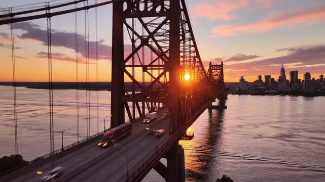Majestic cinematic view of Laviolette Bridge spanning Saint Lawrence River in Trois-Rivieres Quebec Canada showcasing impressive engineering and architecture under soft atmospheric lighting 4K
