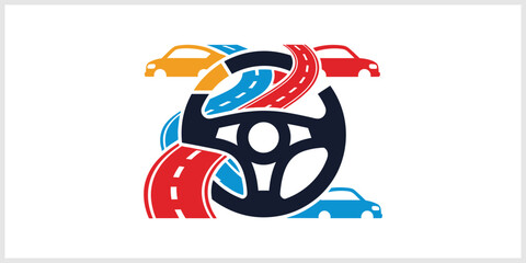 Steering Wheel with Roads and Cars - Driving Concept.