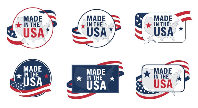 Collection of patriotic Made in USA labels with red, white, and blue design elements and stars