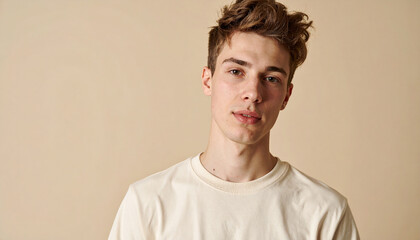 Obraz premium Studio portrait of handsome man with messy hair, soft gentle lighting, clean neutral backdrop.