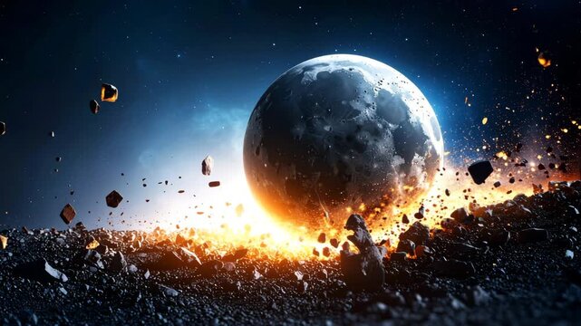 Cosmic moon shattering into fiery fragments and dust in deep space, with glowing debris and dramatic explosion lighting, representing destruction, cosmic energy, and astronomical impact