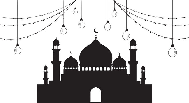 A serene mosque silhouette adorned with elegant string lights and ornaments.