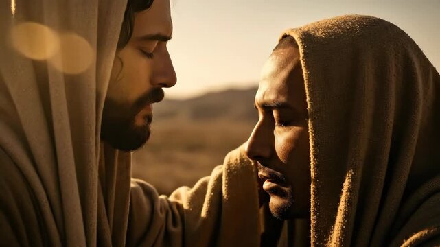 Jesus Christ, a man with a beard, touching eyes of another man. Biblical scene of divine healing for religious and spiritual concept.