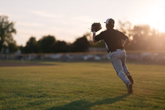 Baseball player running to catch ball in outfield during sunset. Male athlete sprinting with glove on grass field. Copy space