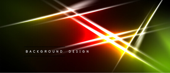 Obraz premium Abstract neon lines intersect, creating vibrant energy. Dark background emphasizes glowing colors, modern design element.