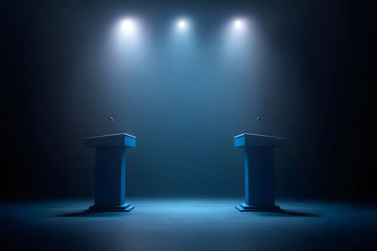 Two empty blue lecterns on a stage set for a political debate. Election confrontation or public speech concept with dramatic spotlights on a dark background