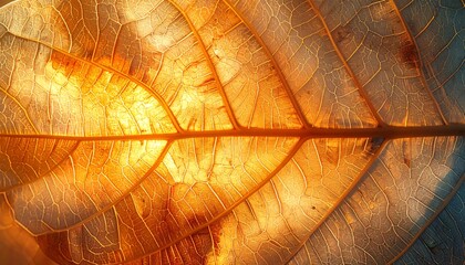 Golden Leaf Texture with Veins Closeup.
