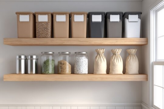 Organized kitchen pantry shelves with storage containers and jars. Wooden floating shelves with food ingredients in bins and bags next to window. Modern home interior storage concept