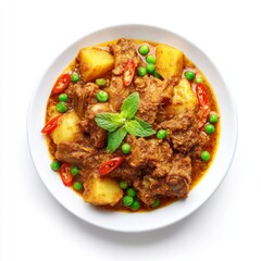 Delicious and Flavorful Meat Dish with Potatoes, Green Peas, and Red Chili on a White Plate