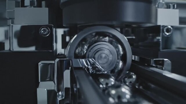 Cinematic Slow Motion Close Up View of Industrial High Quality Precision Linear Ball Bearing Guide Rail Assembly in Modern CNC Manufacturing Machine Technology with Polished Steel Surface Texture