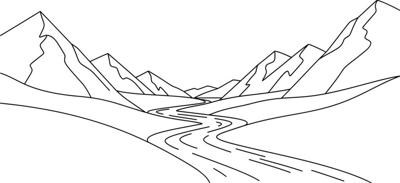 Simple black and white line art drawing illustrating a winding river flowing through a majestic valley surrounded by towering mountain ranges suggesting wilderness exploration.
