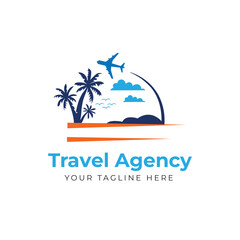 Obraz premium Plane with palms travel logo template vector illustration