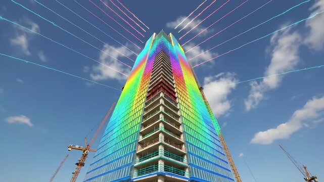 skyscraper under construction with wireframe beams and cranes. Digital visualization, architectural innovation, and urban development concept. Smart city, structural analysis, futuristic engineering.