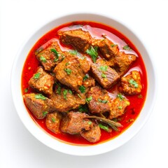 Fototapeta premium Savory Spicy Meat Dish in Red Sauce Garnished with Fresh Herbs and Green Chilies