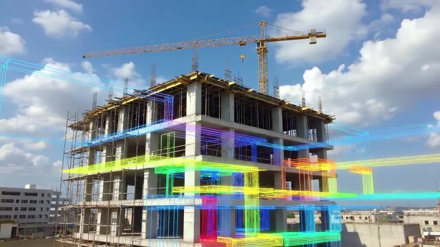 Construction site with bim digital wireframe overlay. Building information modeling and architecture visualization . Real estate development with crane and technical design framework.
