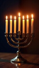Close-up view of a lit menorah with warm candlelight glow , candles, jewish holiday, shadow
