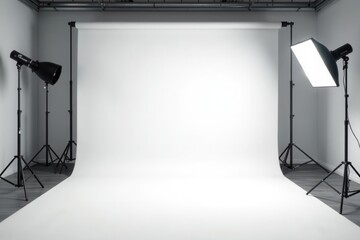 Endless white backdrop, studio lighting setup, professional, bright background, lighting