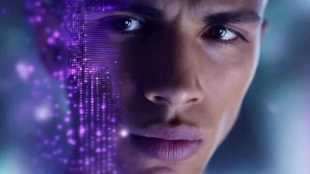 A fragmented human face made of shimmering purple pixels representing a digital identity crisis with a that evo