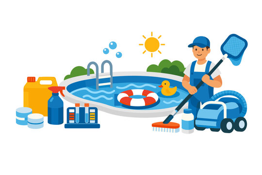 Pool maintenance worker with cleaning tools and chemicals by a swimming pool