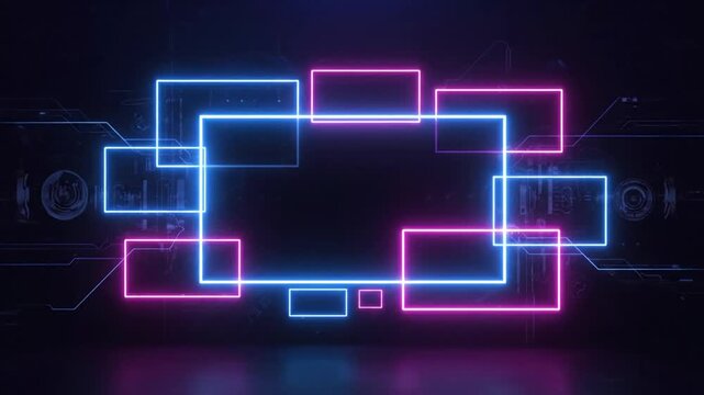 Abstract futuristic background with glowing neon lines in blue and pink on a dark digital surface