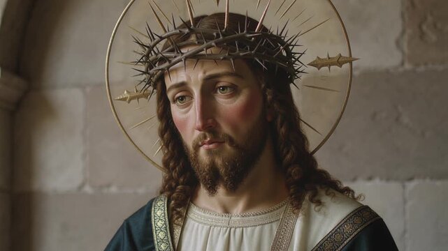 Statue of a thorn-crowned religious figure in stone setting calm closeup static shot in soft natural light details by Generative AI