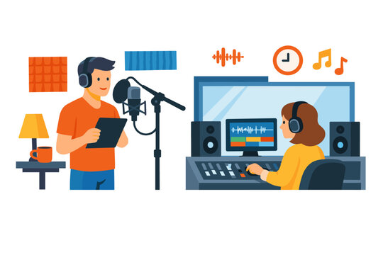 Recording studio scene with voice actor and sound engineer working together