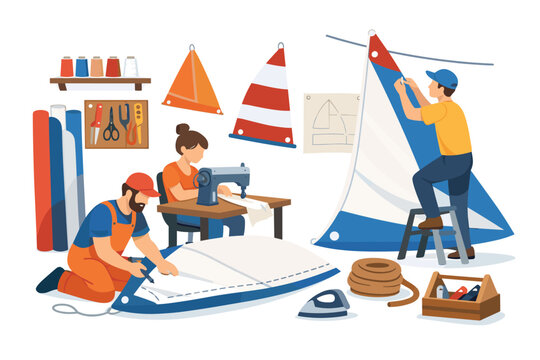 Sailmakers meticulously crafting a new sail in their workshop with sewing machines and tools