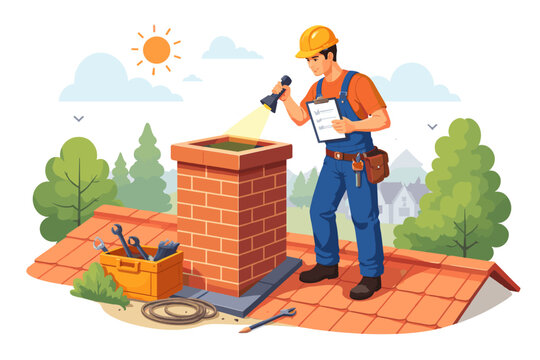 Chimney sweep inspecting brick chimney with flashlight and clipboard on a sunny day
