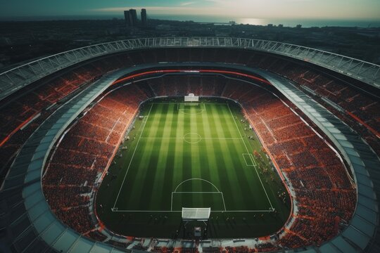 Aerial view of a soccer arena filled with spectators under a dusk sky