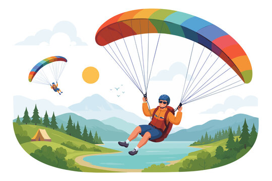 Man paragliding over a scenic landscape with mountains, lake, and forest
