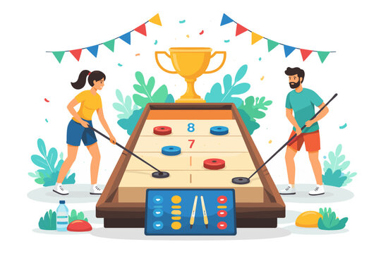 Couple playing shuffleboard game with trophy and festive decorations