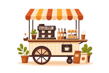 Obraz premium Charming coffee cart with espresso machine, pastries, and hot beverages ready to serve