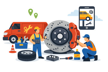 Mechanics performing car brake repair service with mobile app assistance