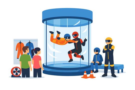 People experiencing indoor skydiving in a wind tunnel with instructors and spectators