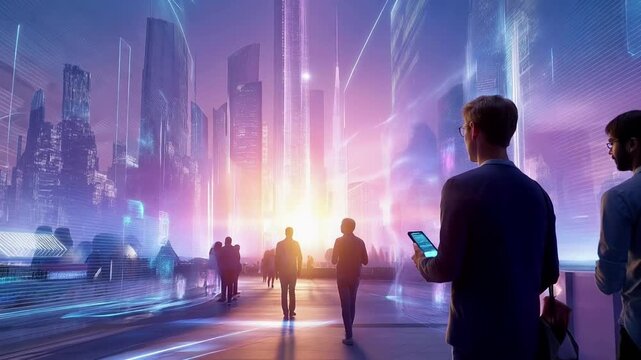A serene futuristic city bathed in soft purple sunlight featuring humans and AI coexisting harmoniously with tr 179ae294 3