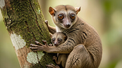 Fototapeta premium Close-up Portrait of Mother and Baby Lemur Clinging to Tree Trunk