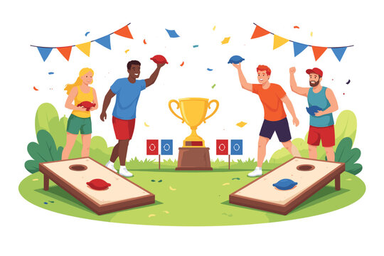Friends playing cornhole game with trophy and festive decorations celebrating victory