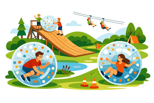 People enjoying zorbing and ziplining at an outdoor adventure park on a sunny day
