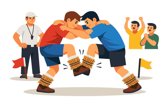 Two men wrestling intensely in a competition with a referee and cheering crowd watching