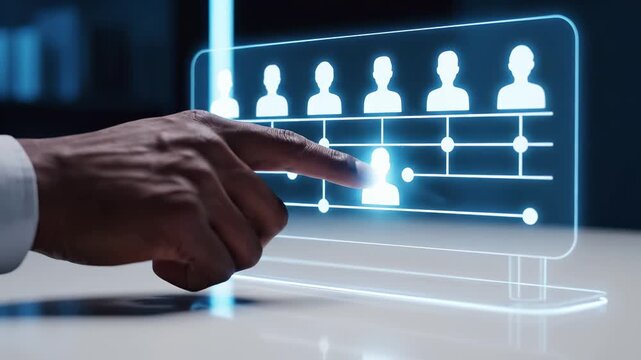 Professional interacting with digital organizational chart and hierarchy structure interface. Business management and corporate team organization for human resources planning and leadership