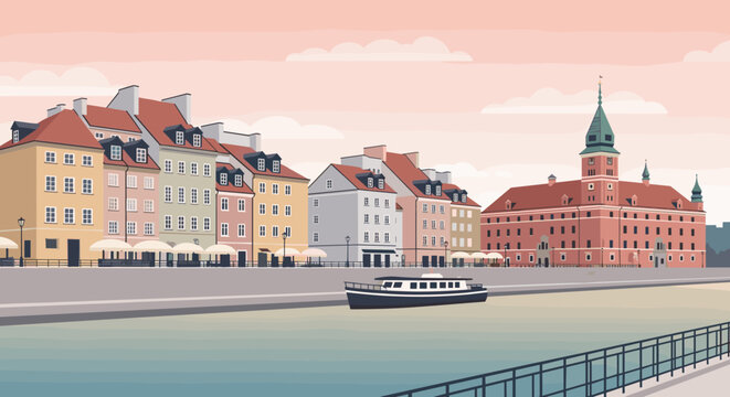 Idyllic riverside cityscape with colorful historic buildings and canal boat